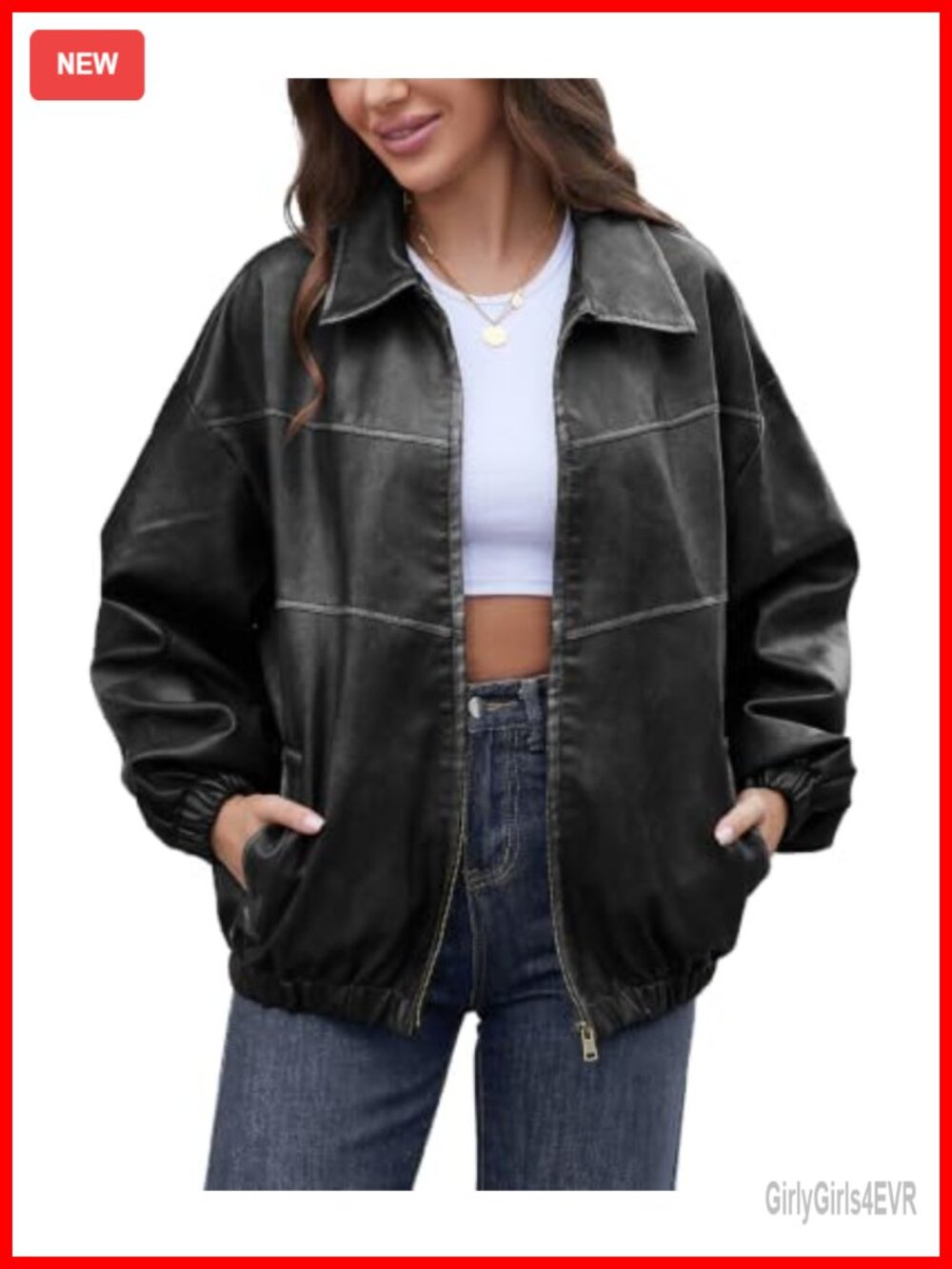 Oversized Faux Leather Jacket Womens Y2K Vintage Motorcycle Coat Fall